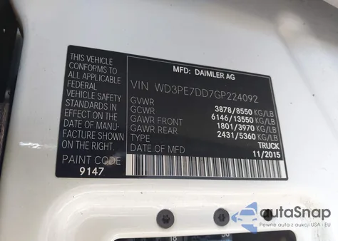 2016 Mercedes-Benz Sprinter 2500 Normal Roof from USA, damaged, VIN WD3PE7DD7GP224092